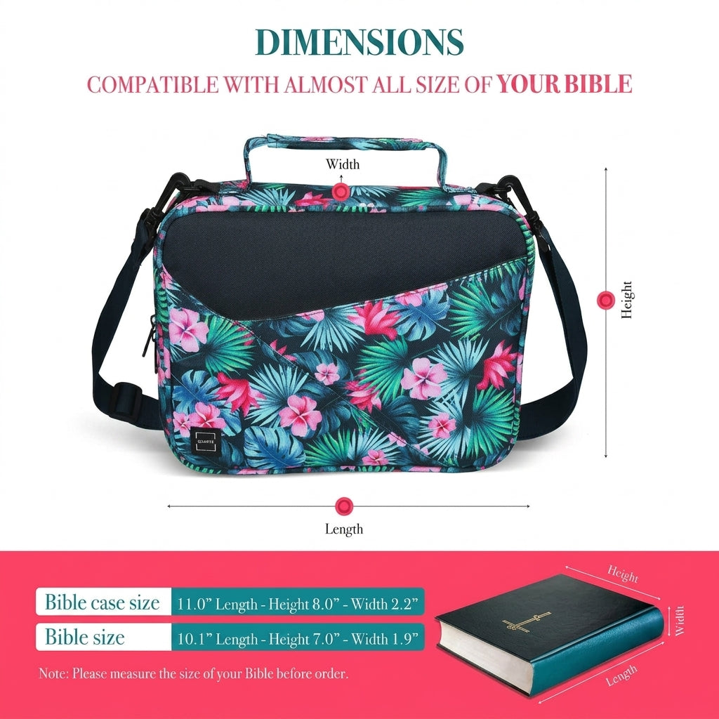 Bible bag for women with zipper size guide showing case dimensions and comparison with Bible size for fit and compatibility