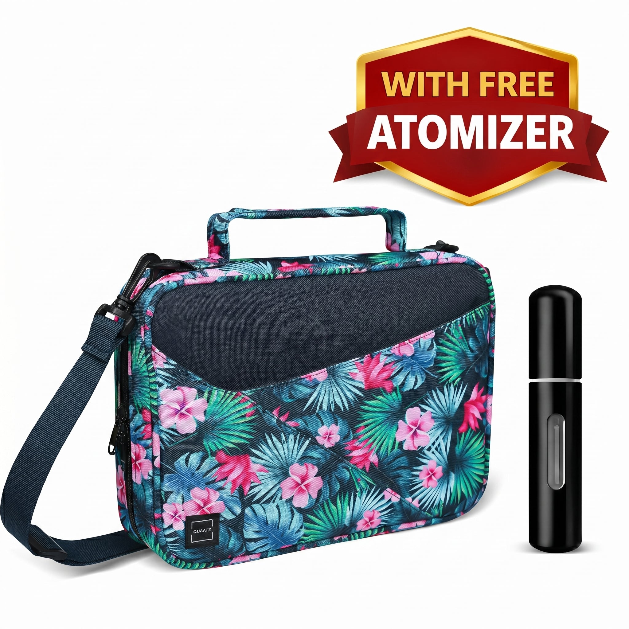 Floral bible bag for women with zipper, front pocket, and shoulder strap shown with a free refillable travel perfume atomizer on a white background