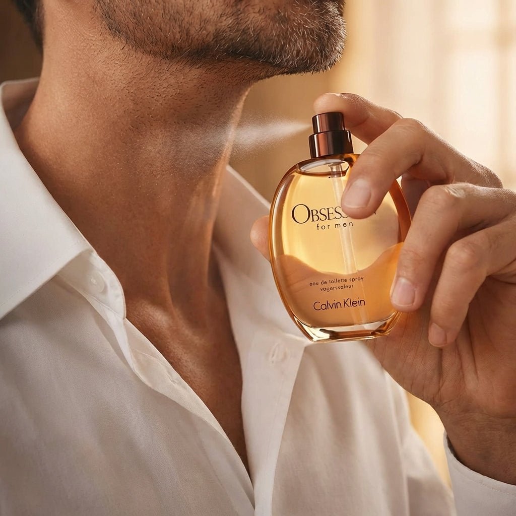 Man applying Calvin Klein Obsession for Men Eau de Toilette on neck