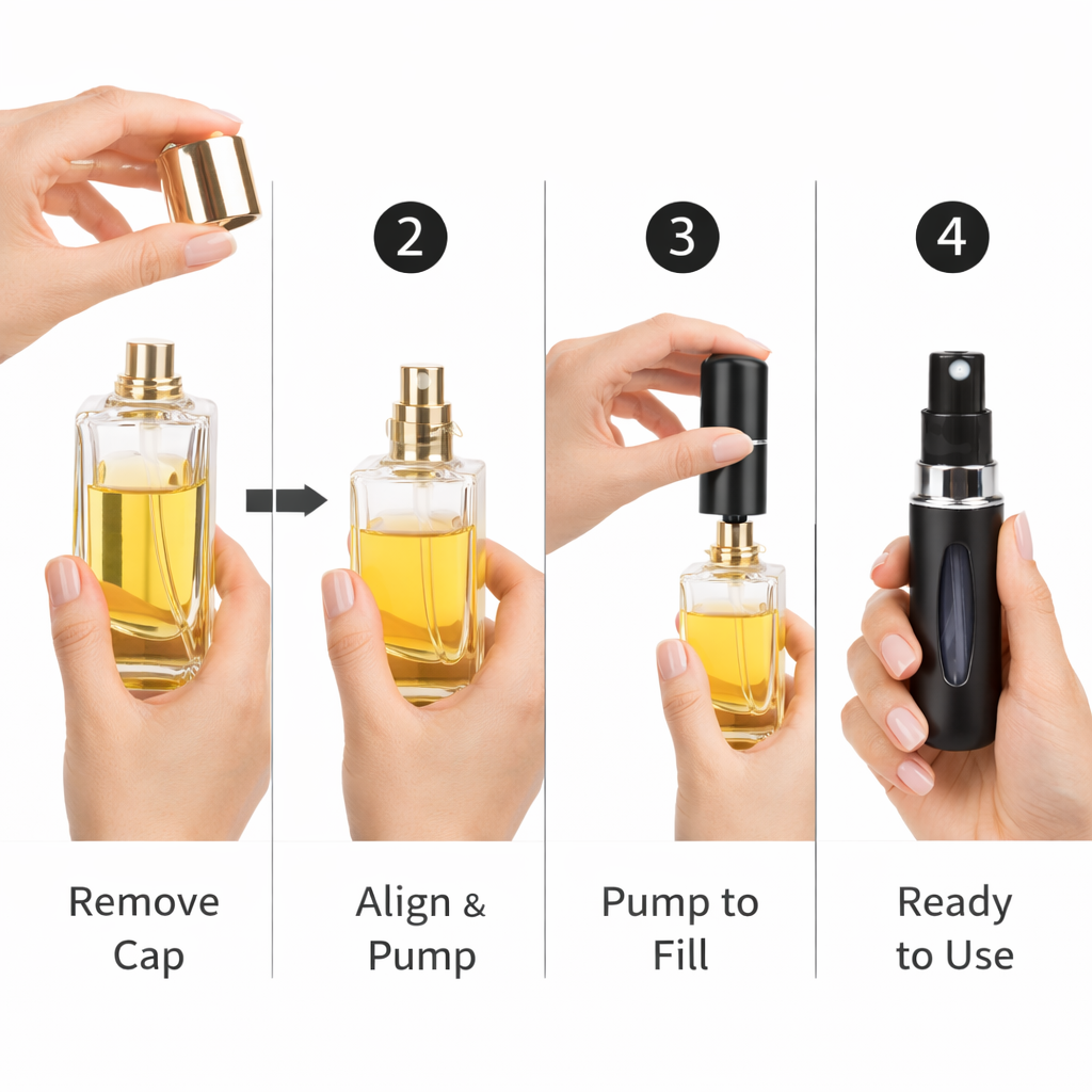 Step by step image showing how to refill a black travel perfume atomizer from a perfume bottle by removing the perfume cap, aligning the atomizer with the nozzle, pumping to fill, and preparing it for ready to use fragrance carry