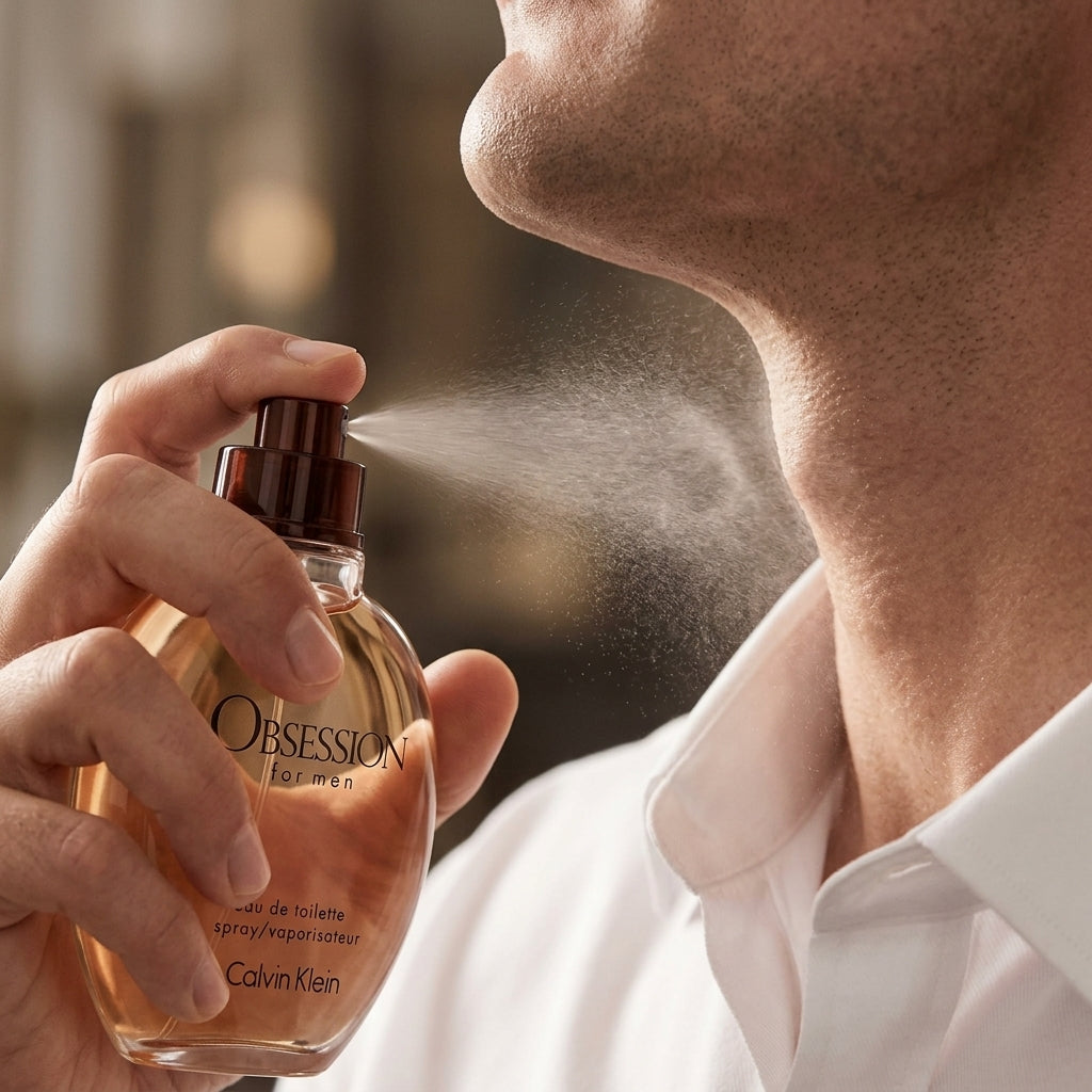 "Man applying Calvin Klein Obsession for Men perfume on his neck, creating a lasting impression with its fresh, bold scent."