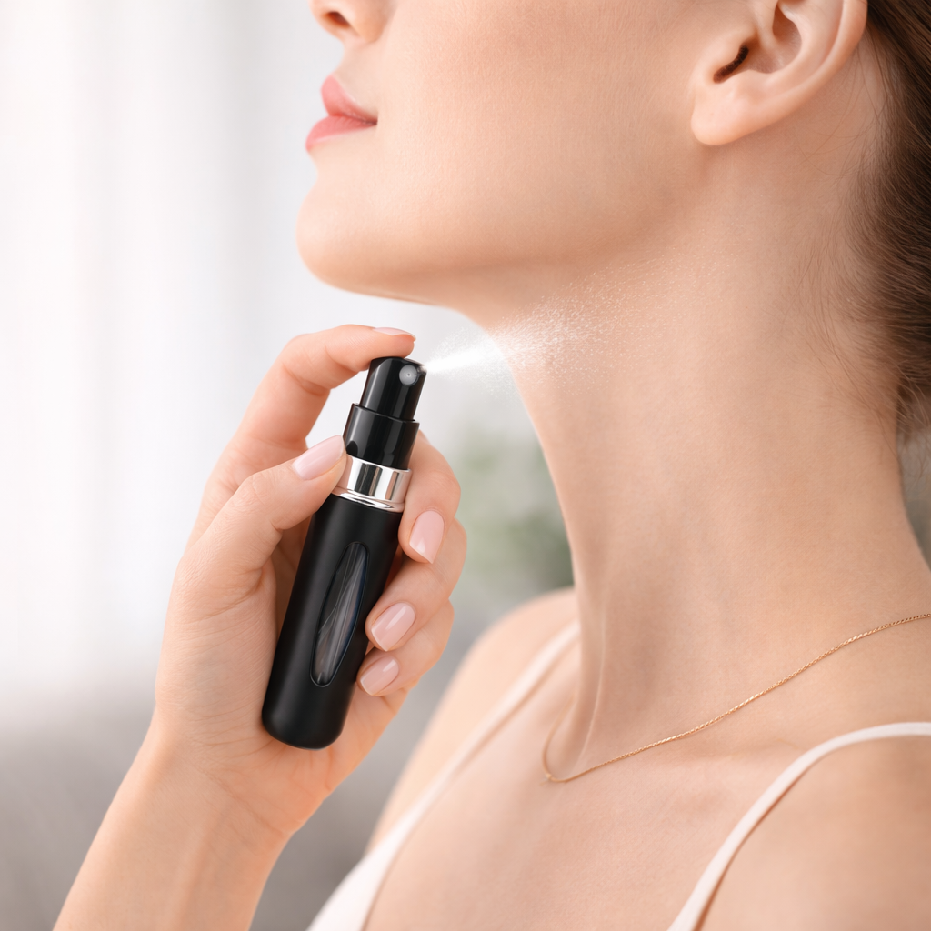 Woman applying black refillable travel perfume atomizer on neck