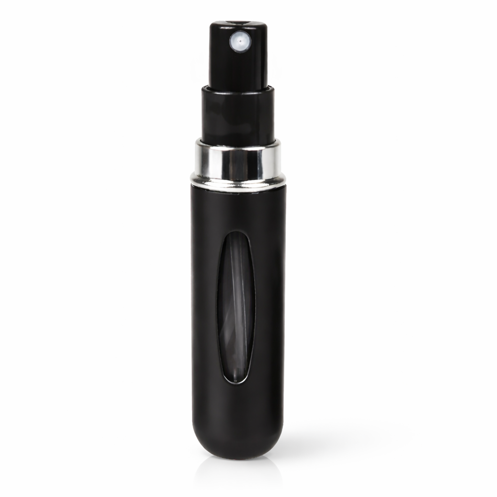 Black refillable travel perfume atomizer 5ml shown upright on a clean white background, featuring a compact mini spray bottle design with a visible perfume window, smooth cylindrical body, and portable size for everyday fragrance carry