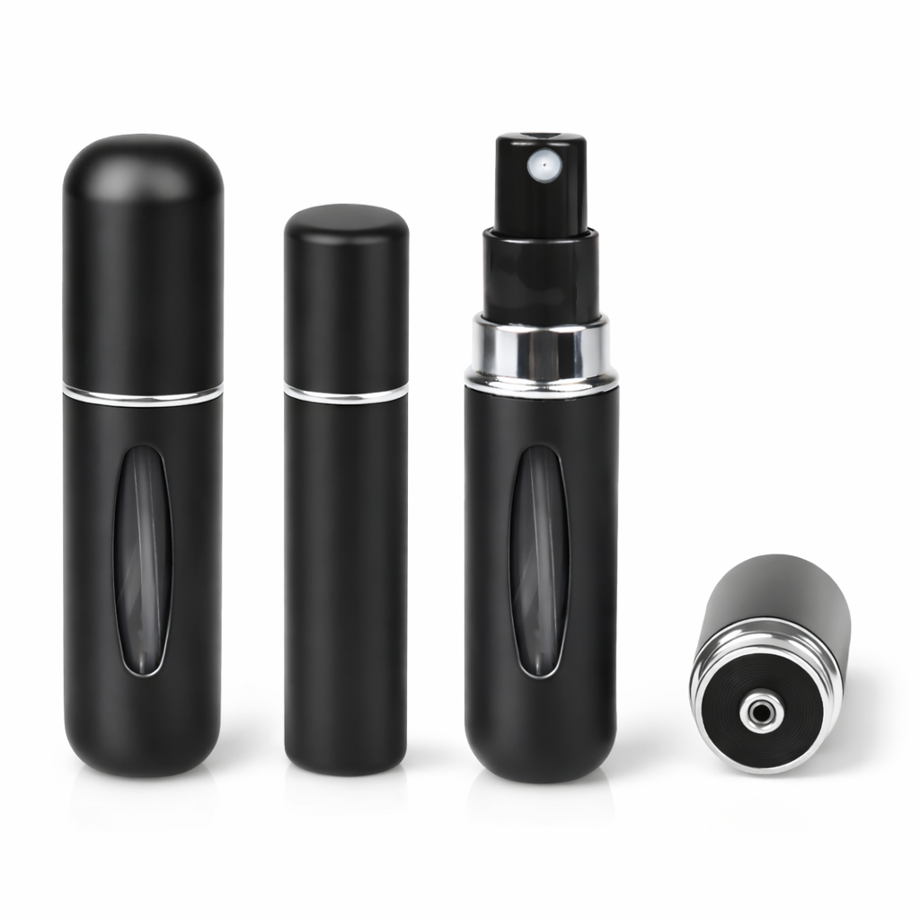 Black refillable travel perfume atomizer multiple angle view