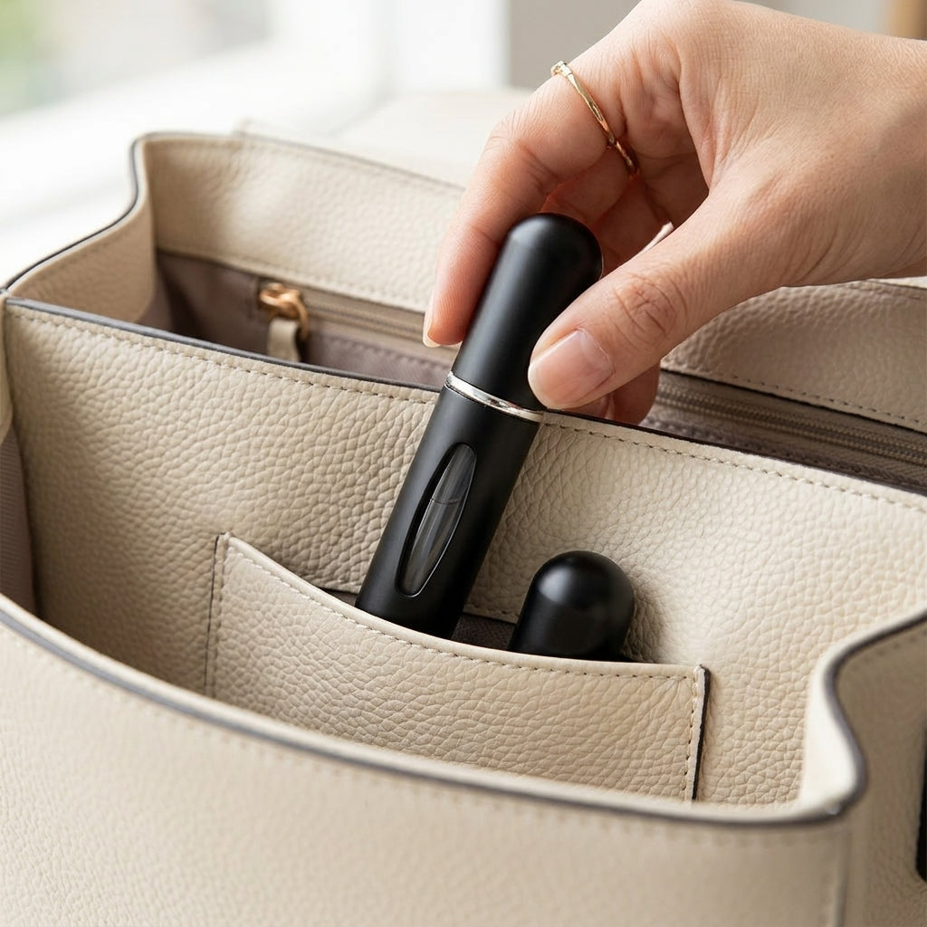 Black refillable travel perfume atomizer placed inside a handbag pocket to show compact size, easy portability, and convenient everyday use for carrying your favorite fragrance in a purse, travel bag, or daily essentials pouch