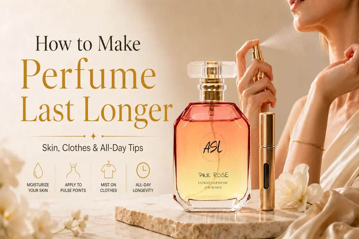 ASL Rose perfume bottle with a woman spraying it, text on how to make perfume last longer.