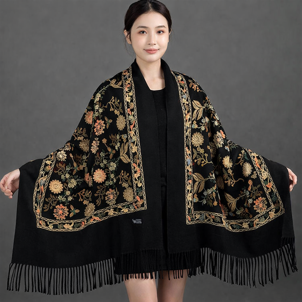Black Luxury Embroidered Shawl for Women – Elegant Winter Wrap Lasting Perfume