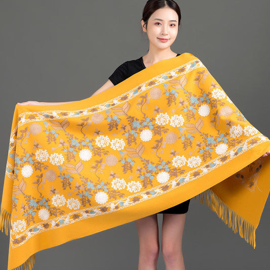 Yellow Luxury Embroidered Shawl for Women – Elegant Winter Wrap Lasting Perfume