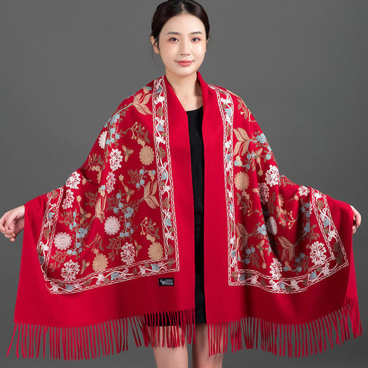 Red Luxury Embroidered Cashmere-Feel Shawl for Women – Warm Winter Pashmina Wrap Lasting Perfume