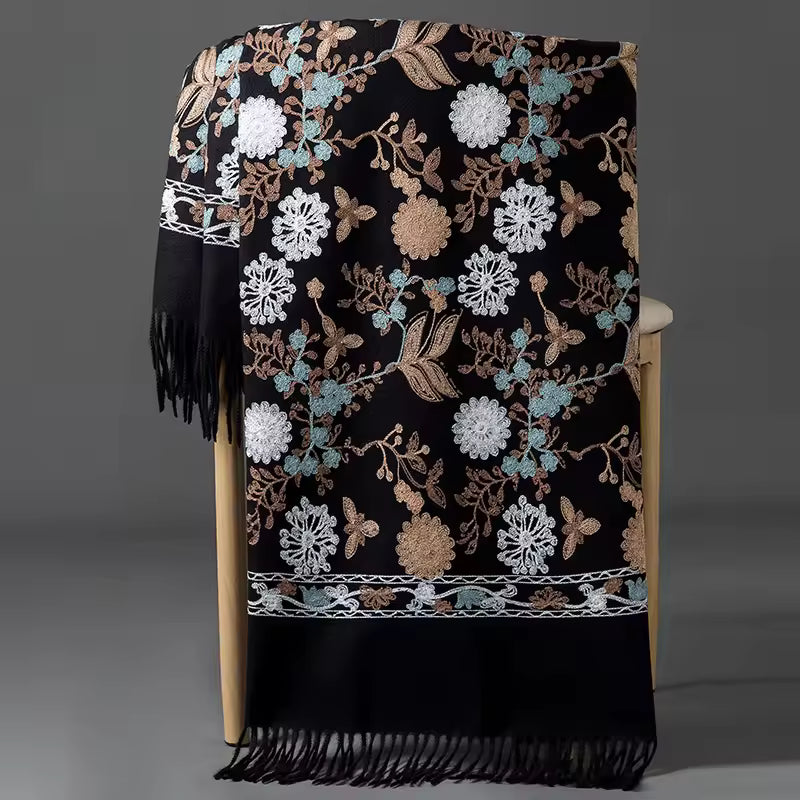 Black Luxury Embroidered Shawl for Women – Elegant Winter Wrap Lasting Perfume