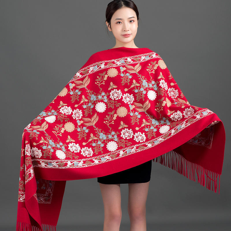 Red Luxury Embroidered Cashmere-Feel Shawl for Women – Warm Winter Pashmina Wrap Lasting Perfume