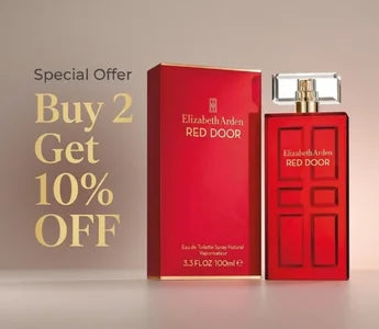 Elizabeth Arden Red Door perfume with packaging on a beige background
