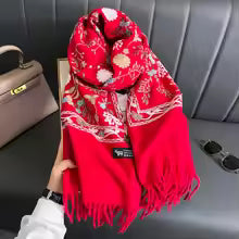 Red Luxury Embroidered Cashmere-Feel Shawl for Women – Warm Winter Pashmina Wrap Lasting Perfume