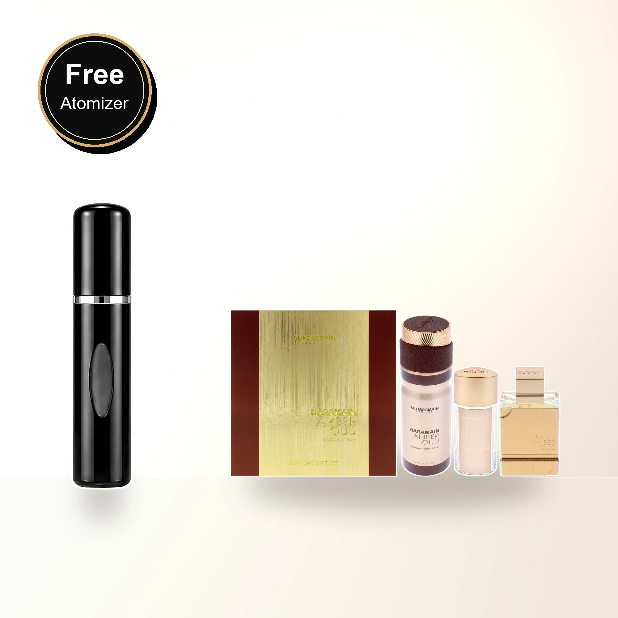 Al Haramain Amber Oud Gold Edition 3 Pcs Set: 2.5 Eau De Parfum Spray + 1 Oz Eau De Parfum Spray + 6.6 Body Spray with free atomizer bonus image