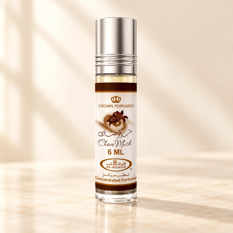 Al Rehab Choco Musk Concentrated Perfume Oil 6ml Roll-On bottle on a warm ivory vanity