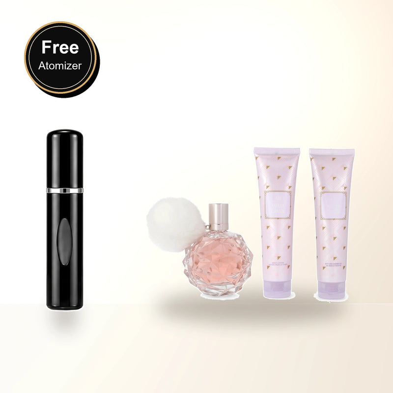 Ariana Grande Ari 3 Pcs Set For Women: 3.4 Eau De Parfum Spray + 3.4 Bath And Shower Gel + 3.4 Body Souffle with free atomizer bonus image