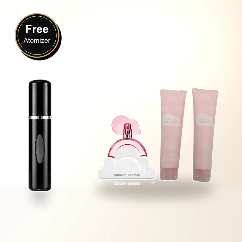 Ariana Grande Cloud Pink 3 Pcs Set For Women: 3.4 Eau De Parfum Spray + 3.4 Shower Gel + 3.4 Body Souffle with free atomizer bonus image