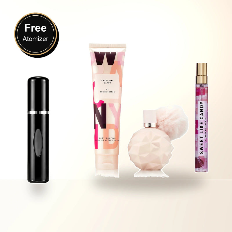 Ariana Grande Sweet Like Candy 3 Pcs Set For Women: 1.7 Eau De Parfum Spray + 0.33 Eau De Parfum Spray + 3.4 Body Souffle with free atomizer bonus image