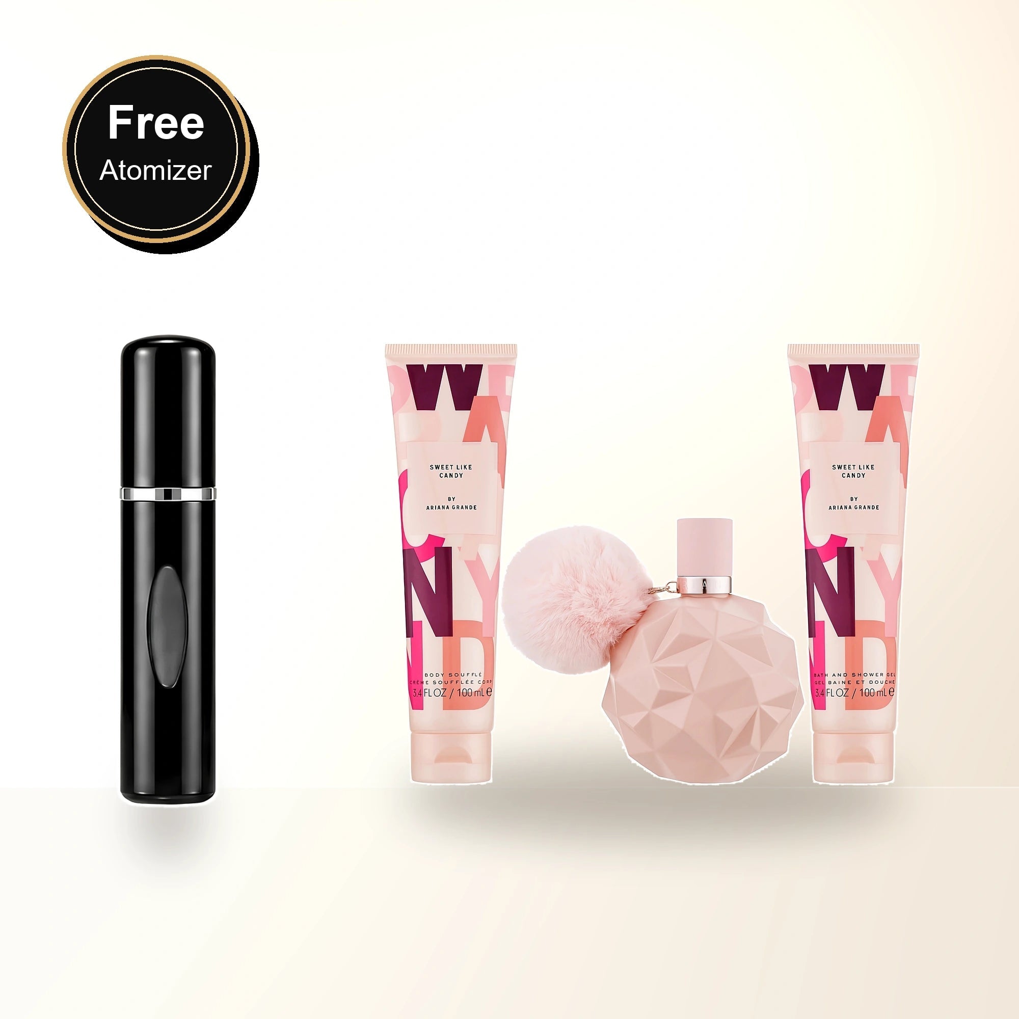 Ariana Grande Sweet Like Candy 3 Pcs Set For Women: 3.4 Eau De Parfum Spray + 3.4 Bath And Shower Gel + 3.4 Body Souffle with free atomizer bonus image