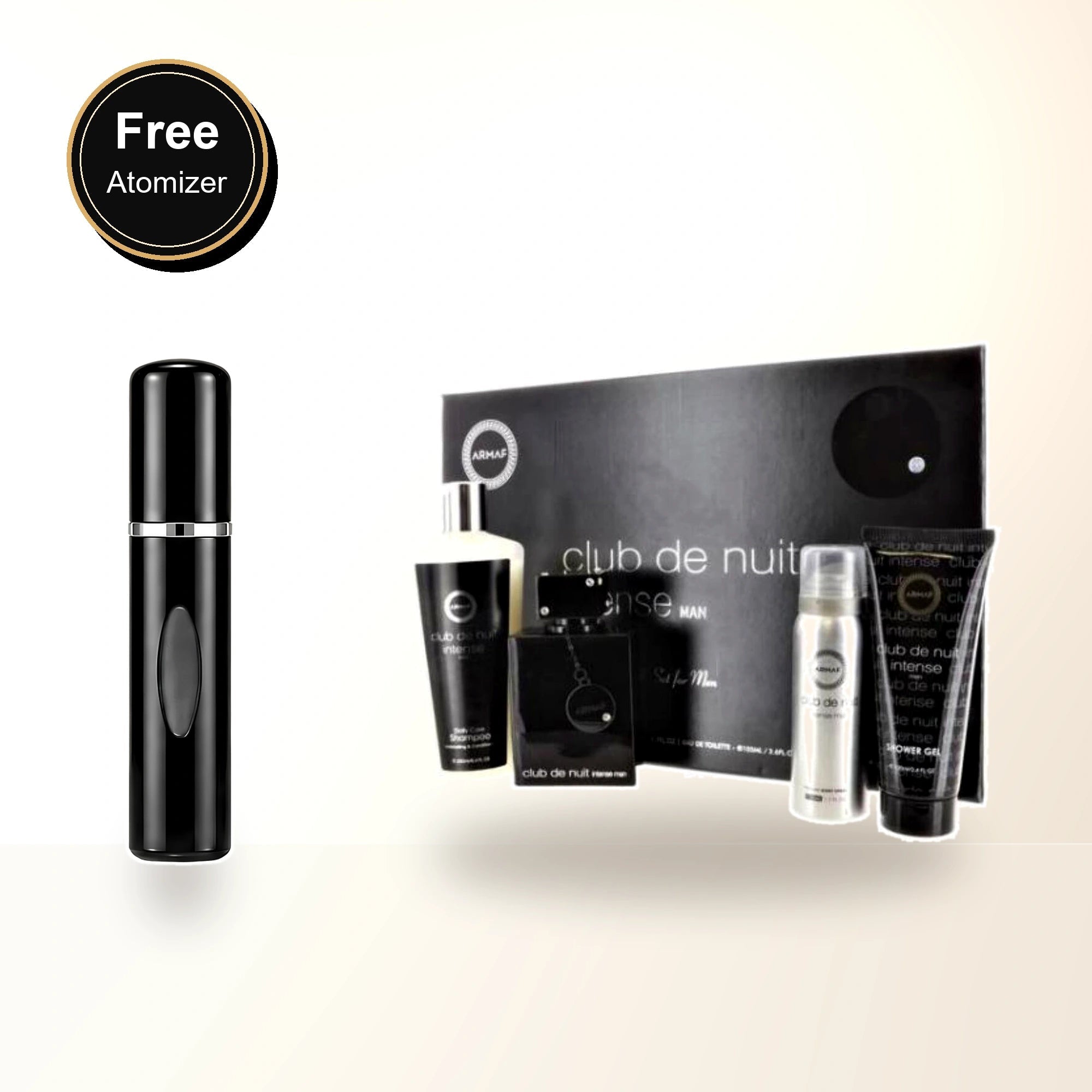 Armaf Club De Nuit Intense 4 Pcs Set For Men: 3.6 Eau De Toilette Spray + 3.4 Shower Gel + 1.7 Perfume Body Spray + 8.4 Shampoo with free atomizer bonus image