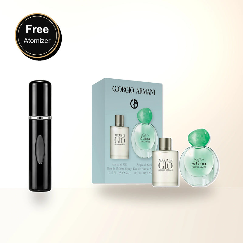 Armani 2 Pcs Set: Acqua Di Gio Men 5 Ml Eau De Toilette Mini + Acqua Di Gioia 5 Ml Eau De Parfum Mini with free atomizer bonus image