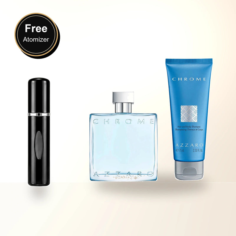 Azzaro Chrome 2 Pcs Set For Men: 1.7 Eau De Toilette Spray + 2.53 Shampoo with free atomizer bonus image