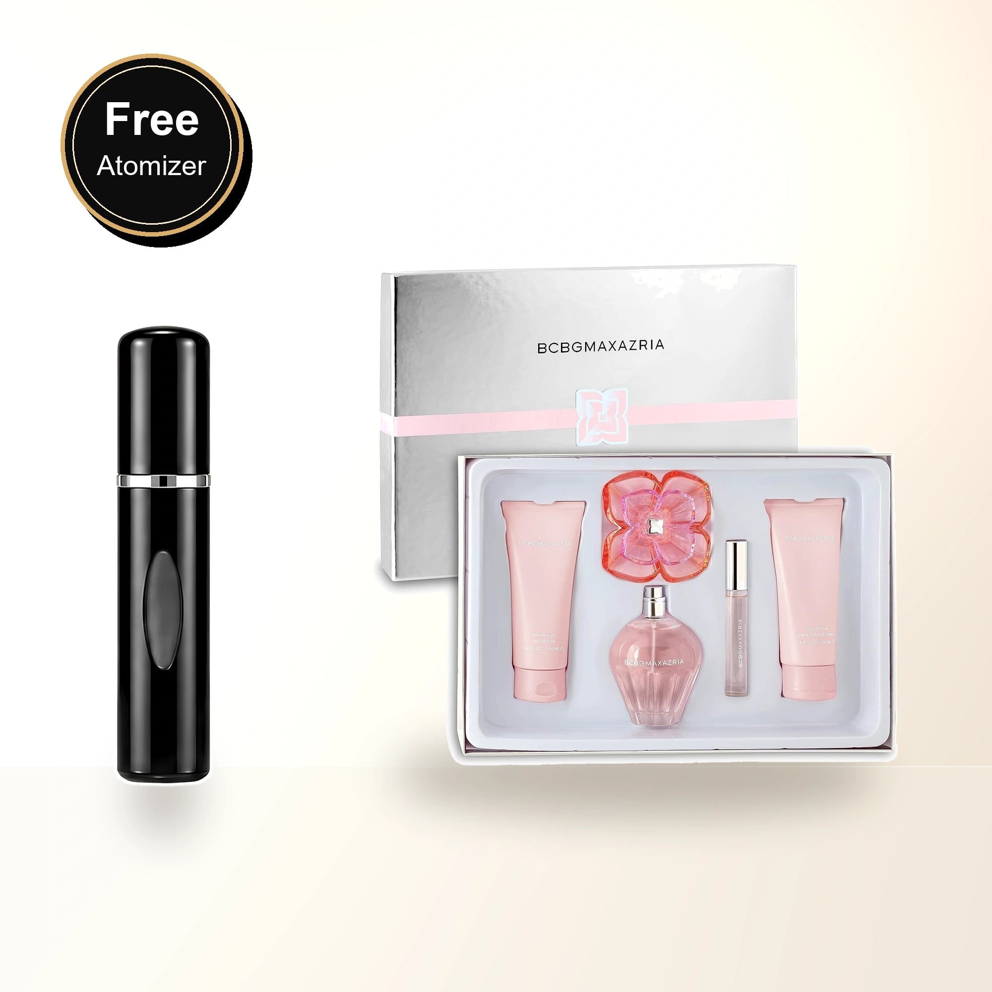 Bcbg Max Azria 4 Pcs Set For Women: 3.4 Eau De Parfum Spray + 3.4 Body Lotion + 0.34 Eau De Parfum Rollerball + 3.4 Shower Gel with free atomizer bonus image