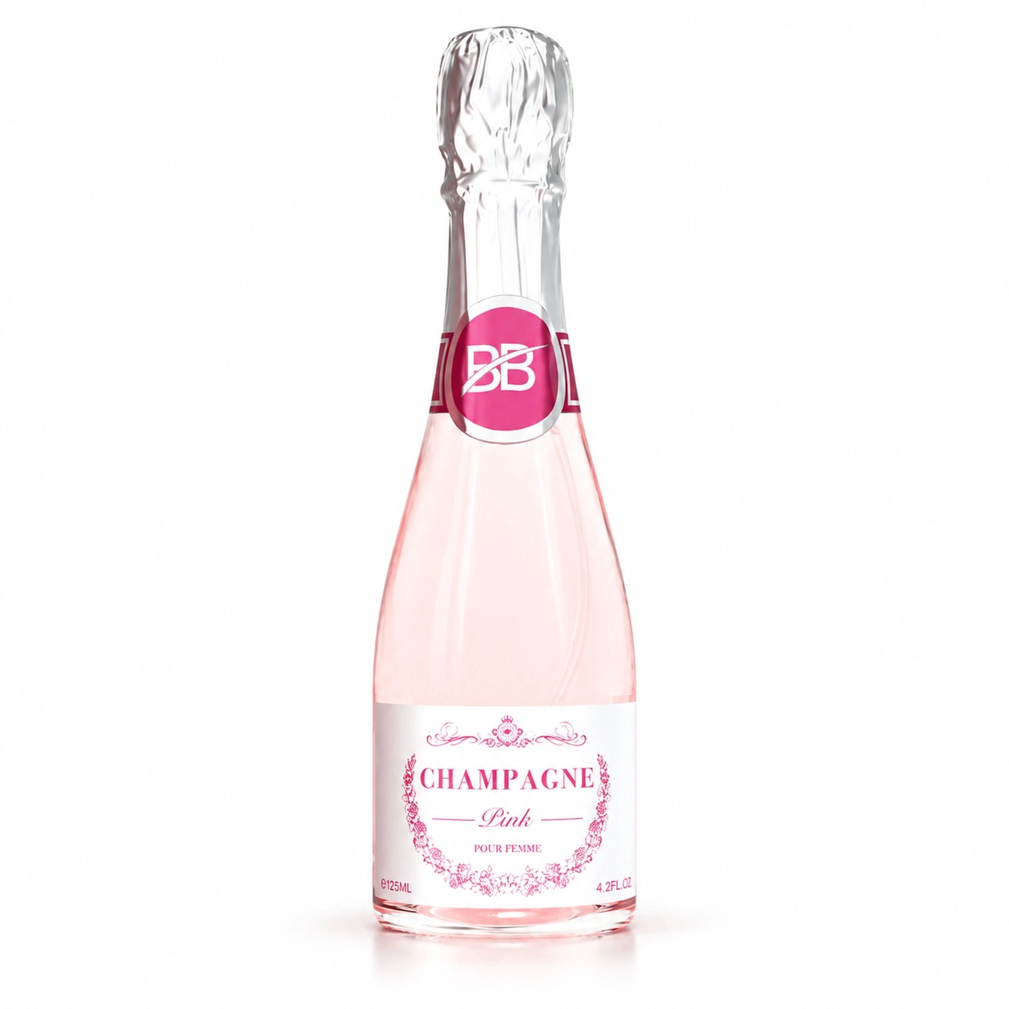 Champagne Pink eau de parfum pale pink bottle with silver foil cap