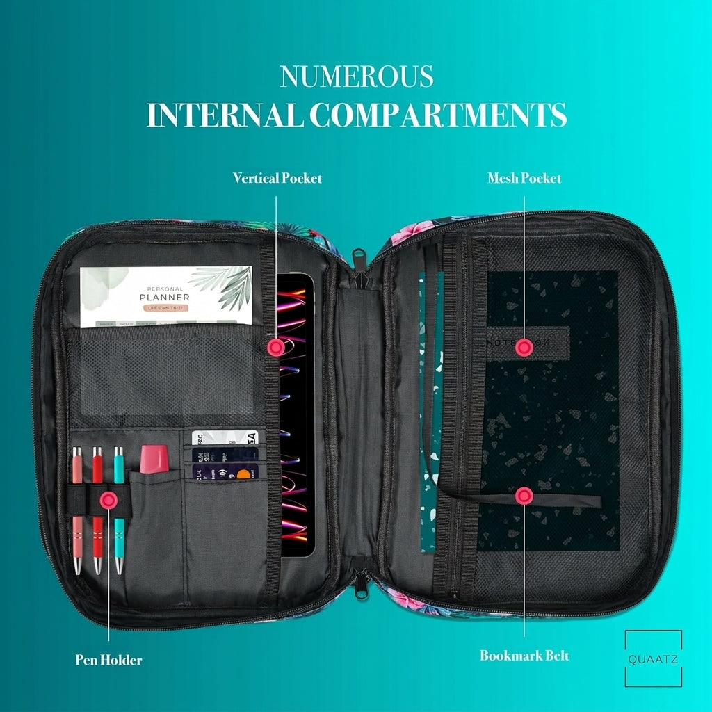 Floral bible bag with zipper opened to show internal storage compartments, mesh pocket, pen holder slots, and bookmark belt for organized everyday use