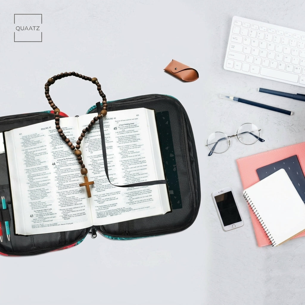 Open bible bag for women with zipper holding a holy Bible, rosary, pens, and study accessories placed in a clean workspace showing organized storage and daily devotional use