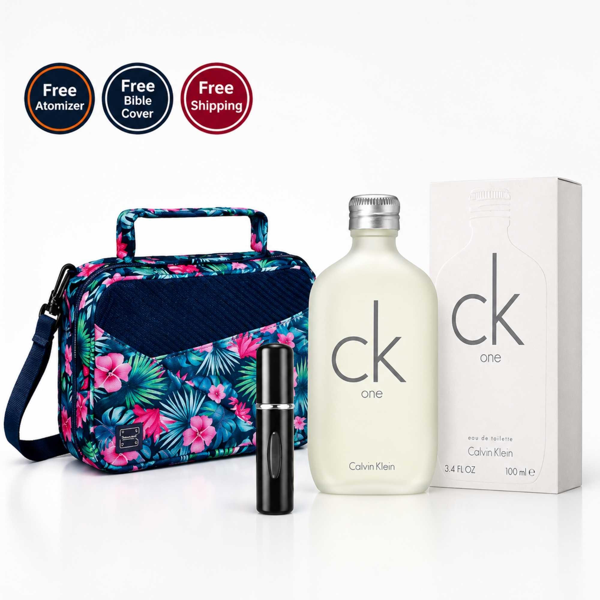 Calvin Klein CK One EDT Spray Unisex 3.4 oz (100 ml) with Free Refillable Perfume Atomizer and Floral Bible Bag