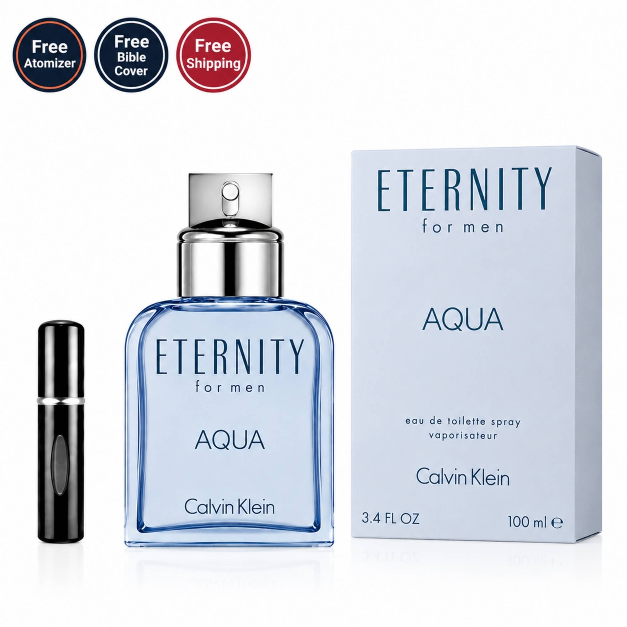 Calvin Klein Eternity Aqua EDT Spray For Men 3.4 oz (100 ml) with Free Refillable Perfume Atomizer