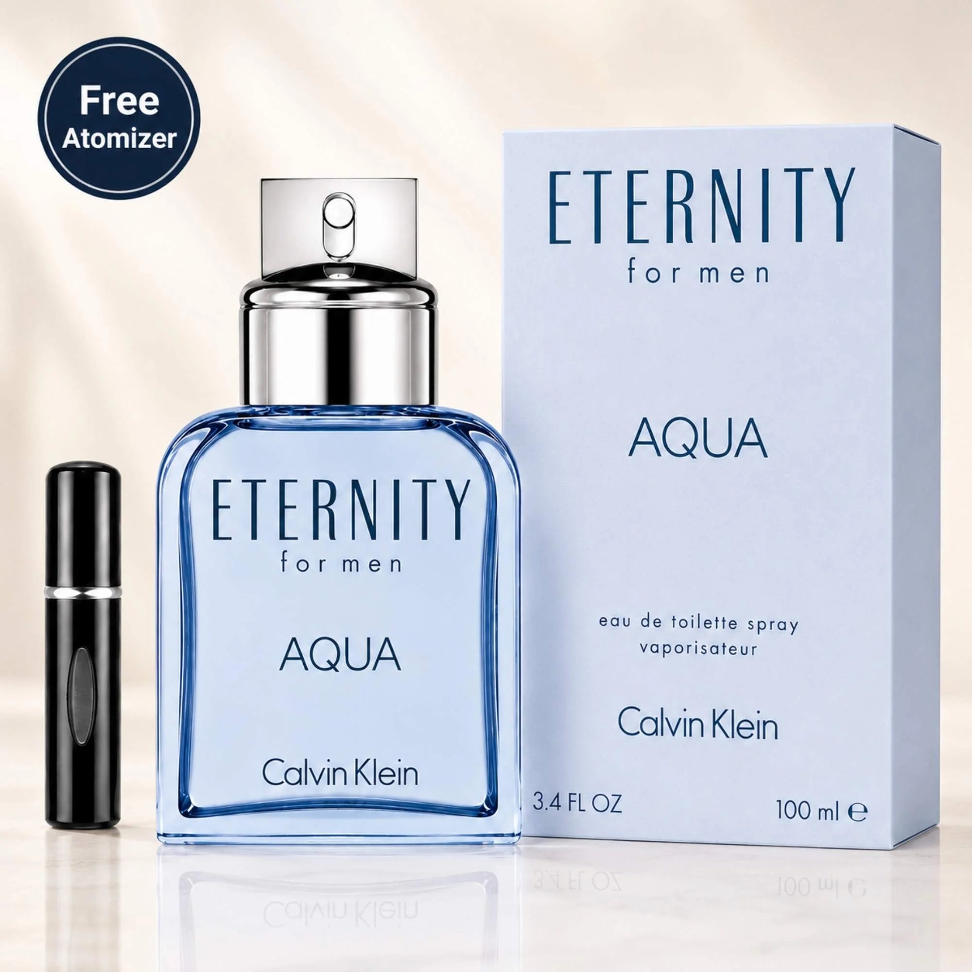 Calvin Klein Eternity Aqua EDT Spray for Men 3.4 oz with 100 ml box and free atomizer on a clean elegant background.