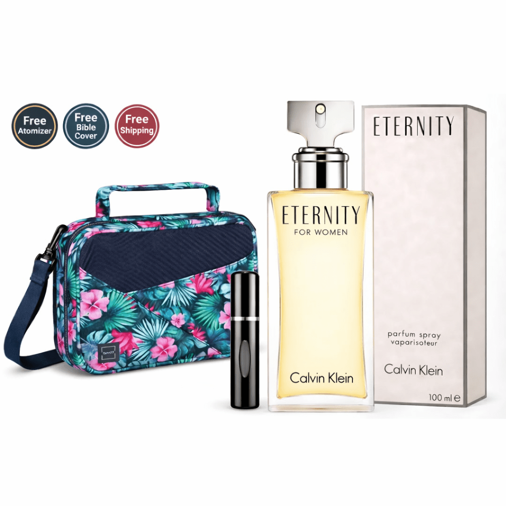 Calvin Klein Eternity EDP Spray For Women 3.4 oz (100 ml) with Free Refillable Perfume Atomizer and Floral Bible Bag