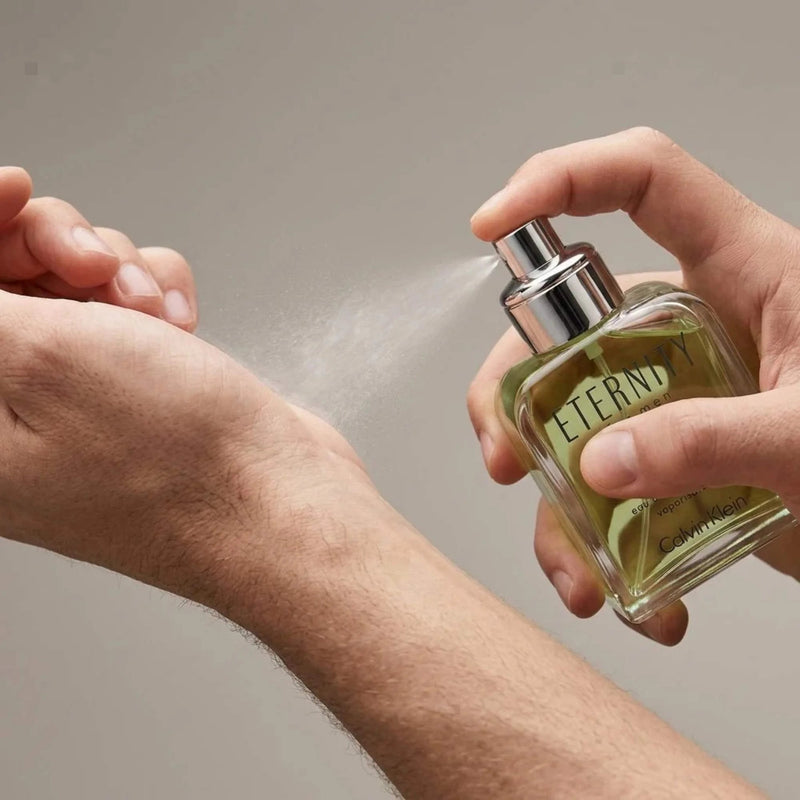 How to apply Calvin Klein Eternity EDT Spray For Men 3.4 oz (100 ml) on wrist pulse points