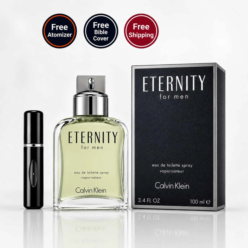 Calvin Klein Eternity EDT Spray For Men 3.4 oz (100 ml) with Free Refillable Perfume Atomizer