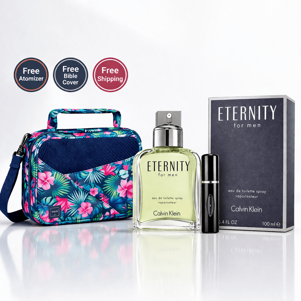 Calvin Klein Eternity for Men perfume with free atomizer and bible bag mothers day offer with bottle and box
