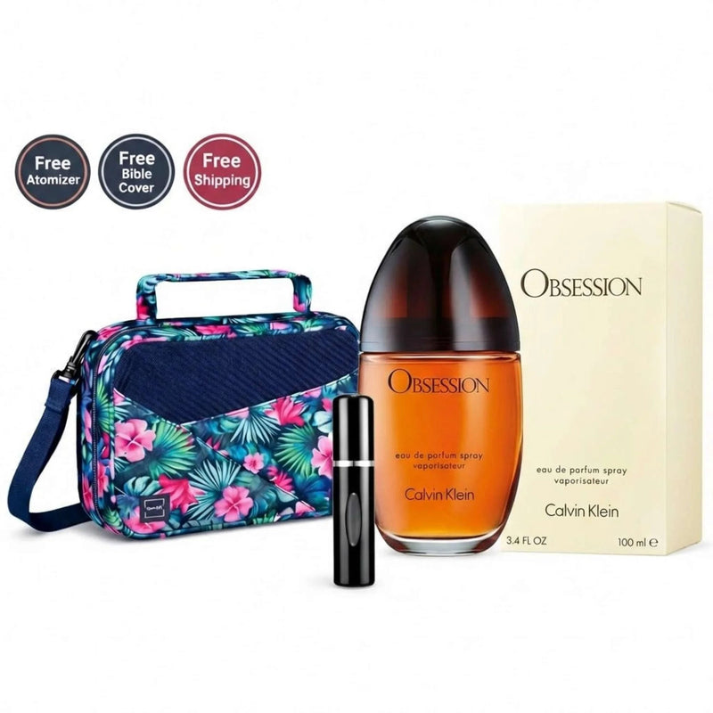 Calvin Klein Obsession EDP Spray For Women 3.4 oz (100 ml) with Free Refillable Perfume Atomizer and Floral Bible Bag