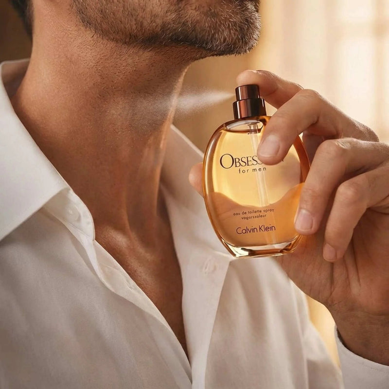 How to apply Calvin Klein Obsession EDT Spray For Men 4.2 oz | 6.7 oz on neck pulse points