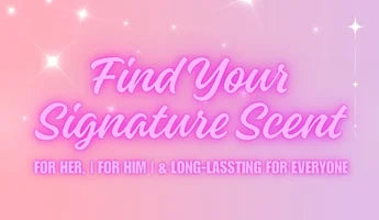 Promotional text 'Find Your Signature Scent' on a gradient pink and purple background with stars.