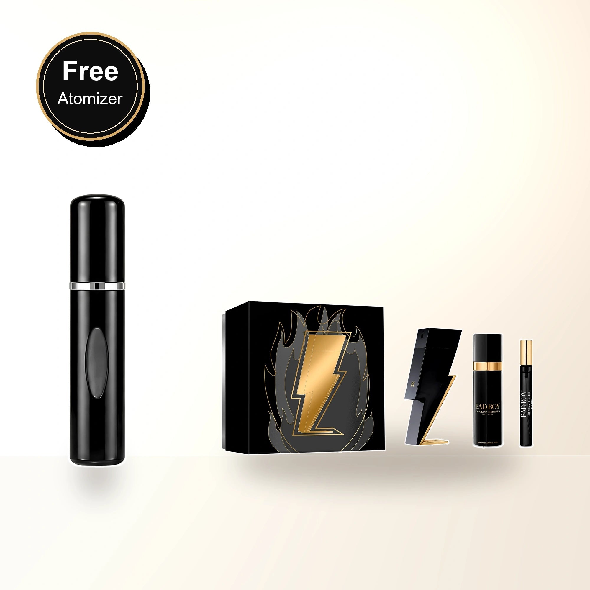 Carolina Herrera Bad Boy 3 Pcs Set: 3.4 Eau De Toilette Spray + 0.34 Eau De Toilette Spray + 3.4 Deodorant Spray with free atomizer bonus image
