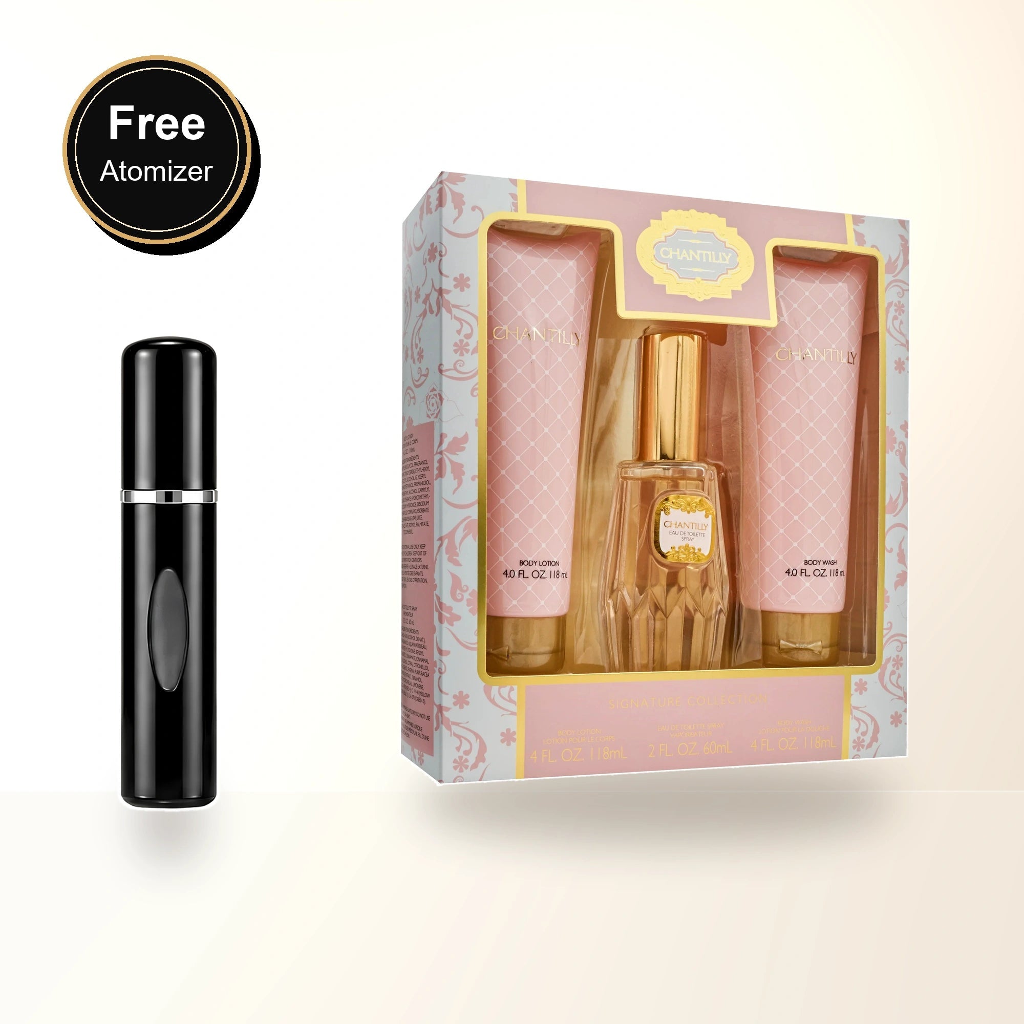 Chantilly 3 Pcs Set For Women: 2 Oz Eau De Toilette Spray + 4 Oz Body Lotion + 4 Oz Body Wash with free atomizer bonus image