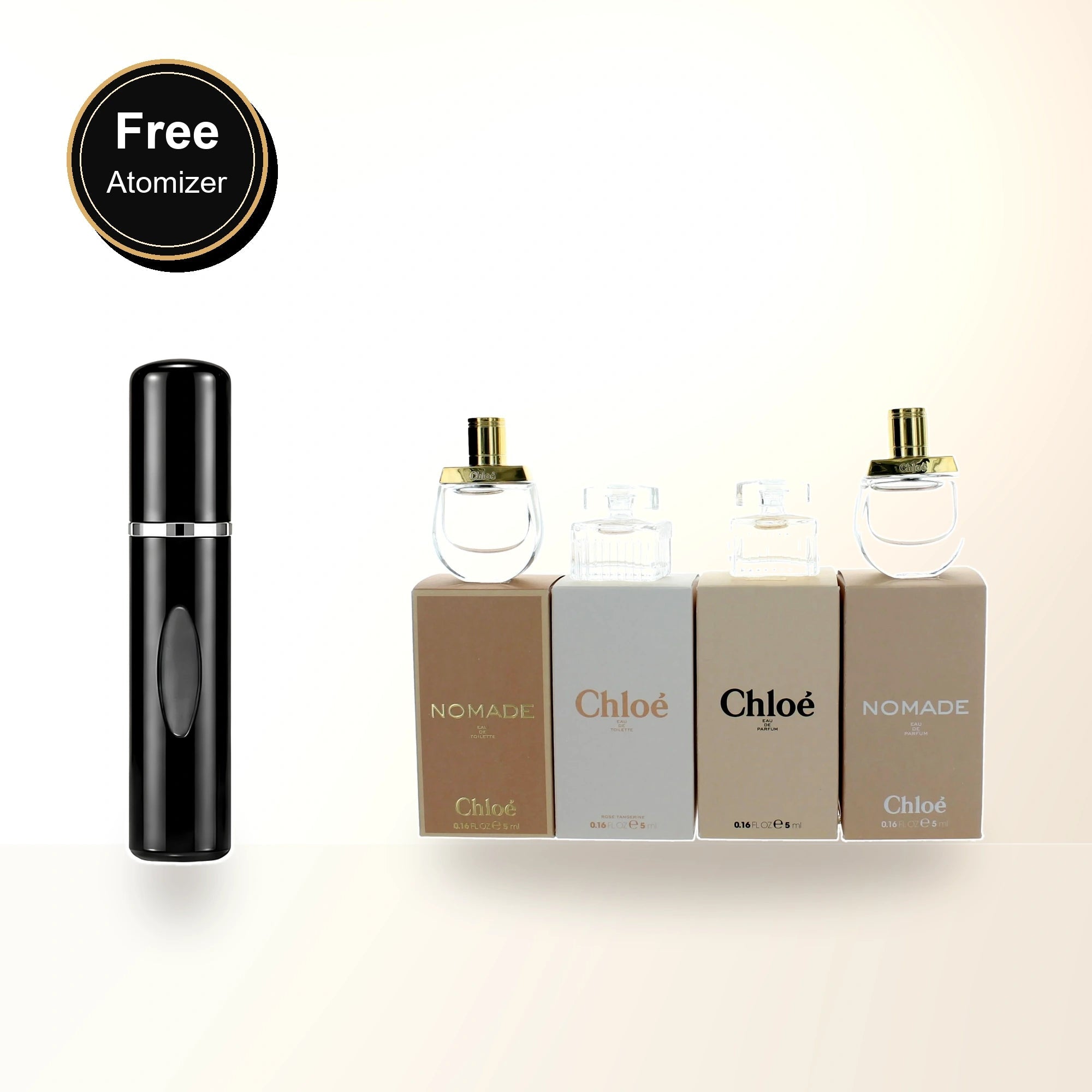 Chloe 4 Pcs Set For Women: Nomade 0.16 Eau De Toilette Mini + Rose Tangerine 0.16 Eau De Toilette Mini + Chloe 0.16 Eau De Parfum Mini + Nomade 0.16 Eau De Parfum Mini with free atomizer bonus image
