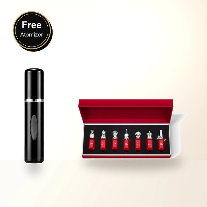 Christian Louboutin 7 * 9 Ml Eau De Parfum Mini Set: Loubifunk + Loubidoo + Loubikiss + Loubirouge + Loubiraj + Loubicrown + Loubicroc with free atomizer bonus image