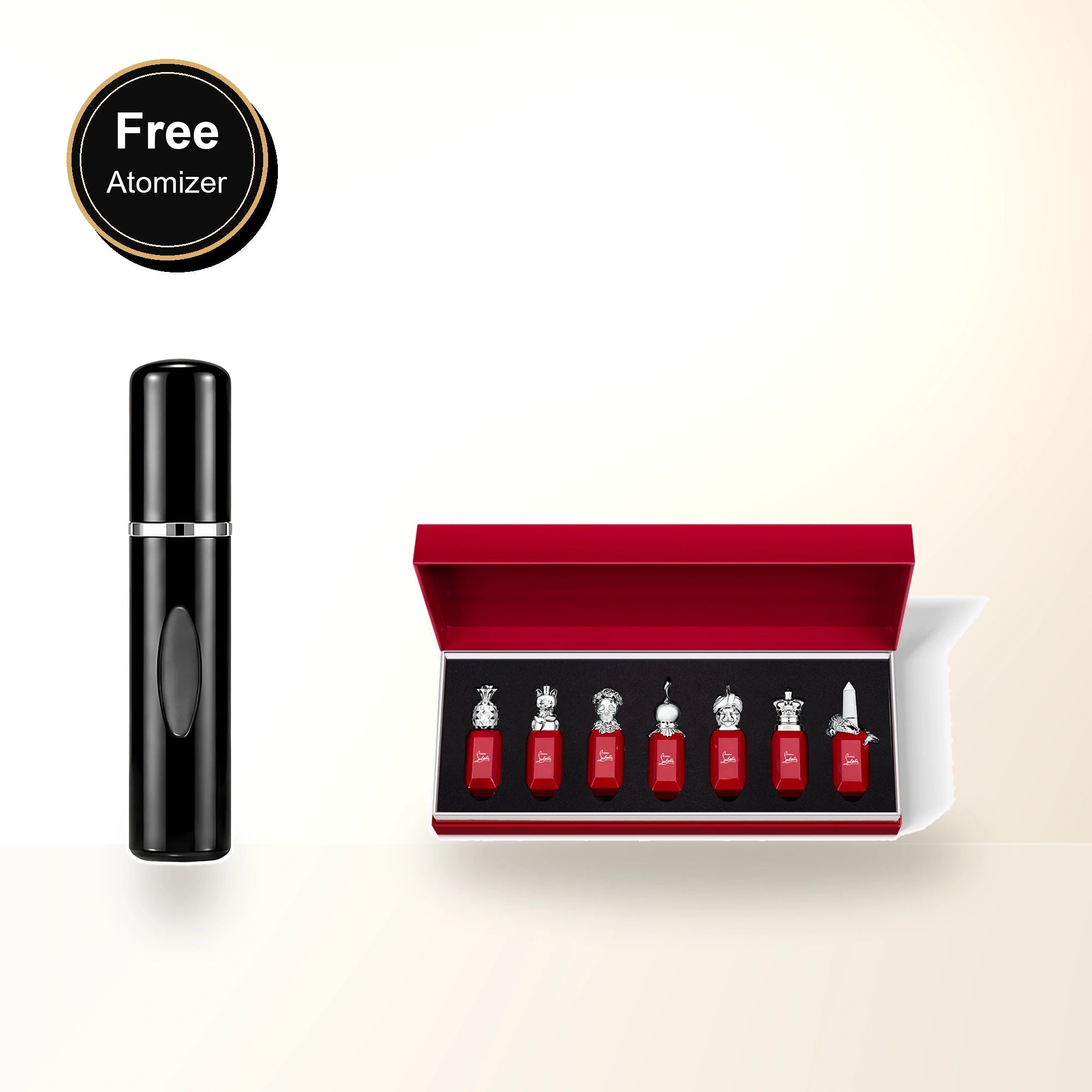 Christian Louboutin 7 * 9 Ml Eau De Parfum Mini Set: Loubifunk + Loubidoo + Loubikiss + Loubirouge + Loubiraj + Loubicrown + Loubicroc with free atomizer bonus image