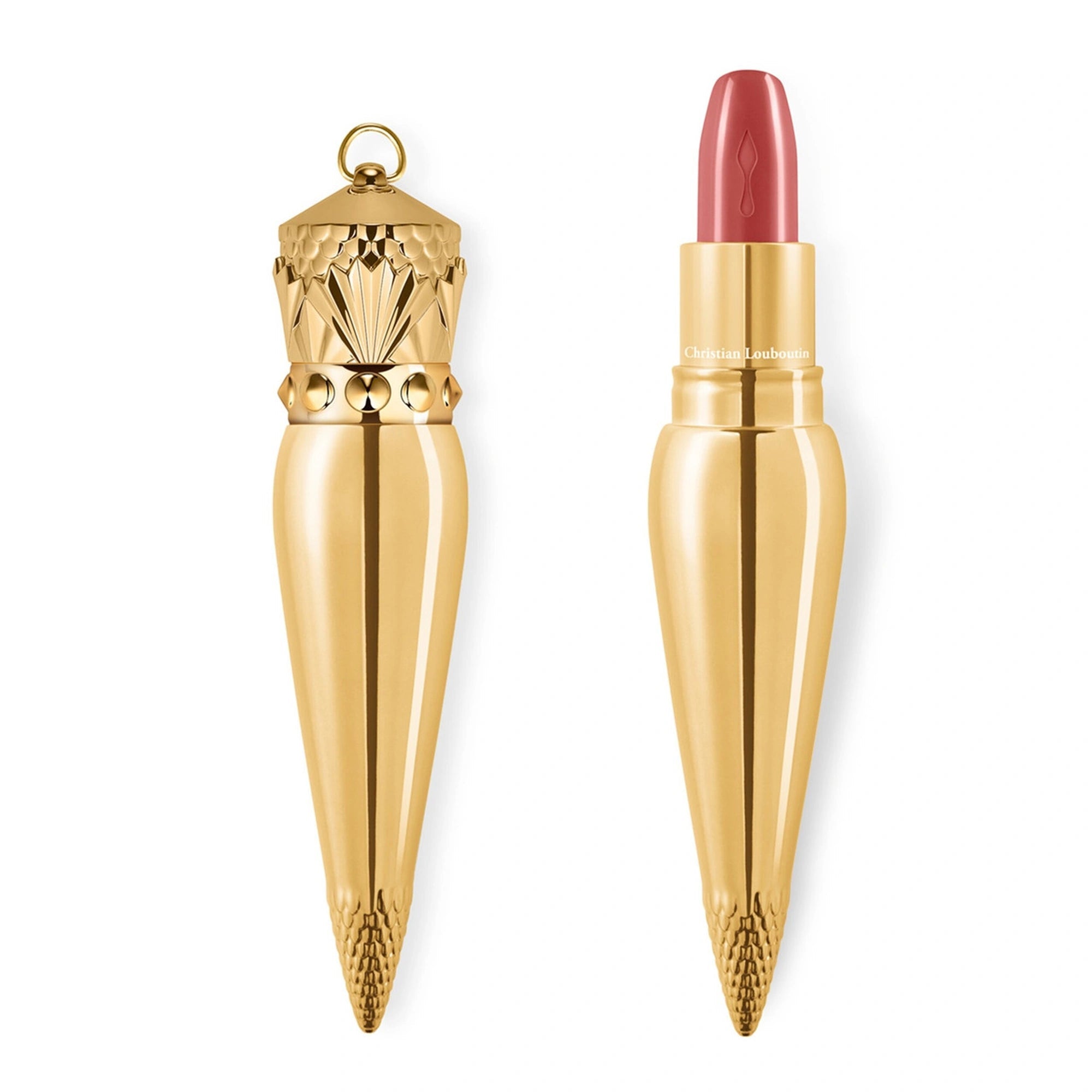 Christian Louboutin Belly Bloom 011 Silky Satin lipstick shown in open and closed views of one unit