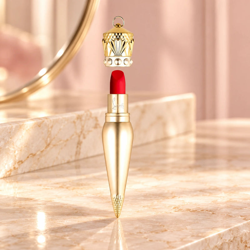 Christian Louboutin lipstick from supplier reference on a cream cosmetic vanity