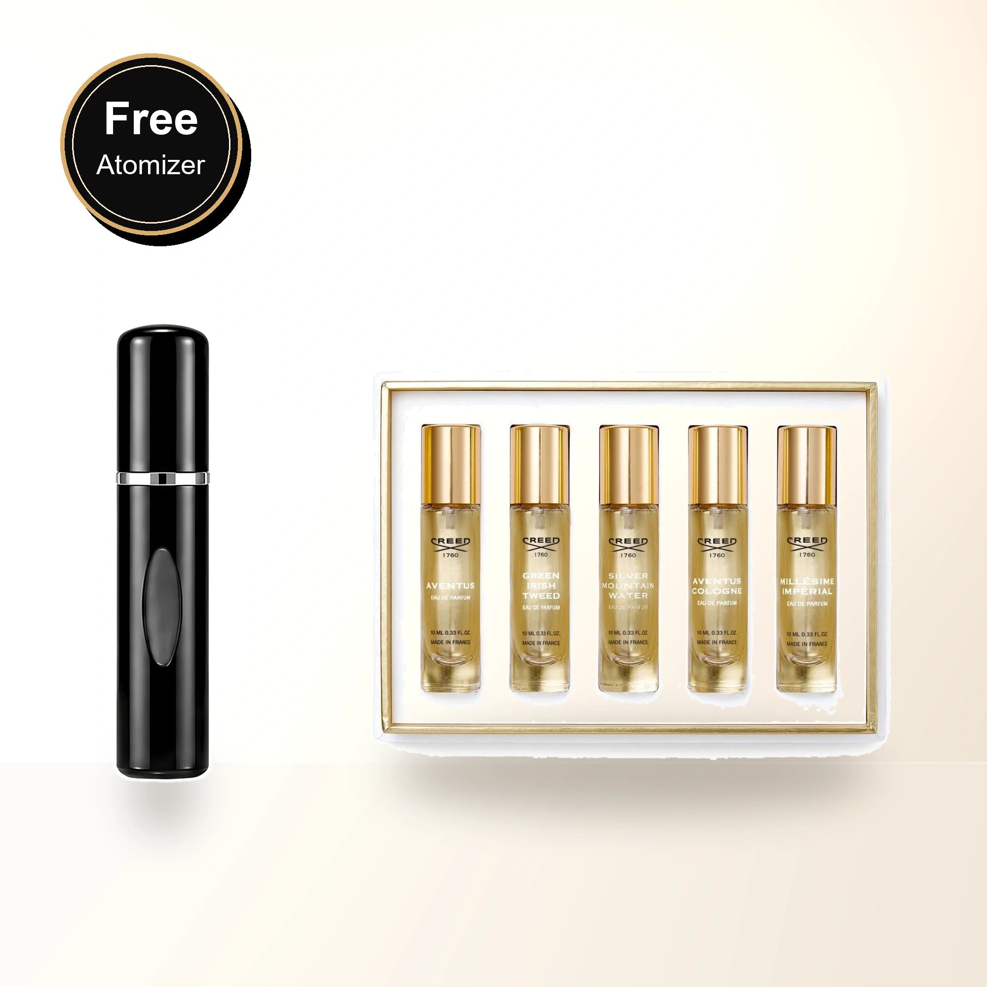 Creed 5 * 0.33 Eau De Parfum Spray Set For Men: Aventus + Aventus Cologne + Green Irish Tweed + Silver Mountain Water + Millesime Imperial with free atomizer bonus image