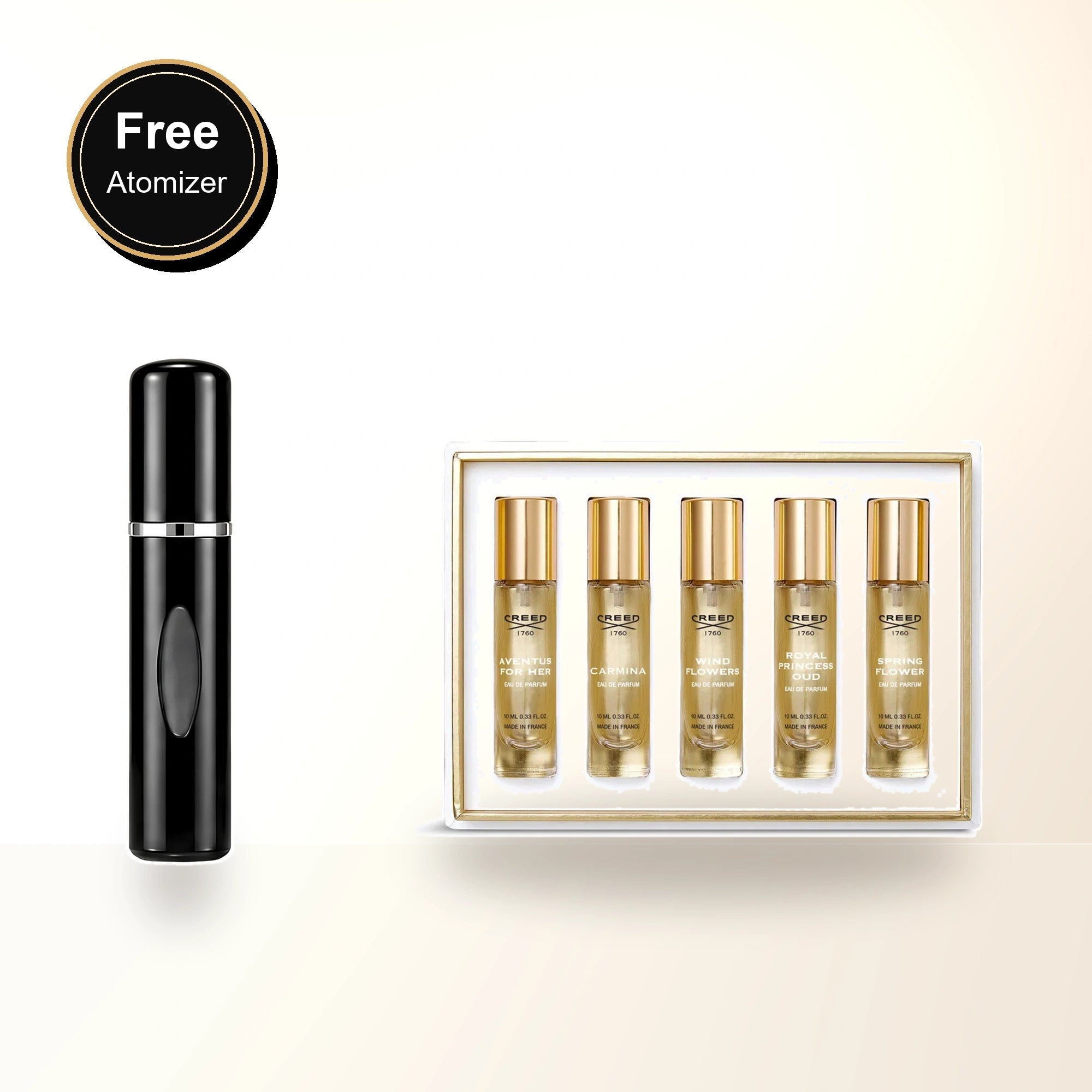 Creed 5 * 0.33 Eau De Parfum Spray Set For Women: Aventus For Her + Carmina + Wind Flowers + Royal Princess Oud + Spring Flower with free atomizer bonus image