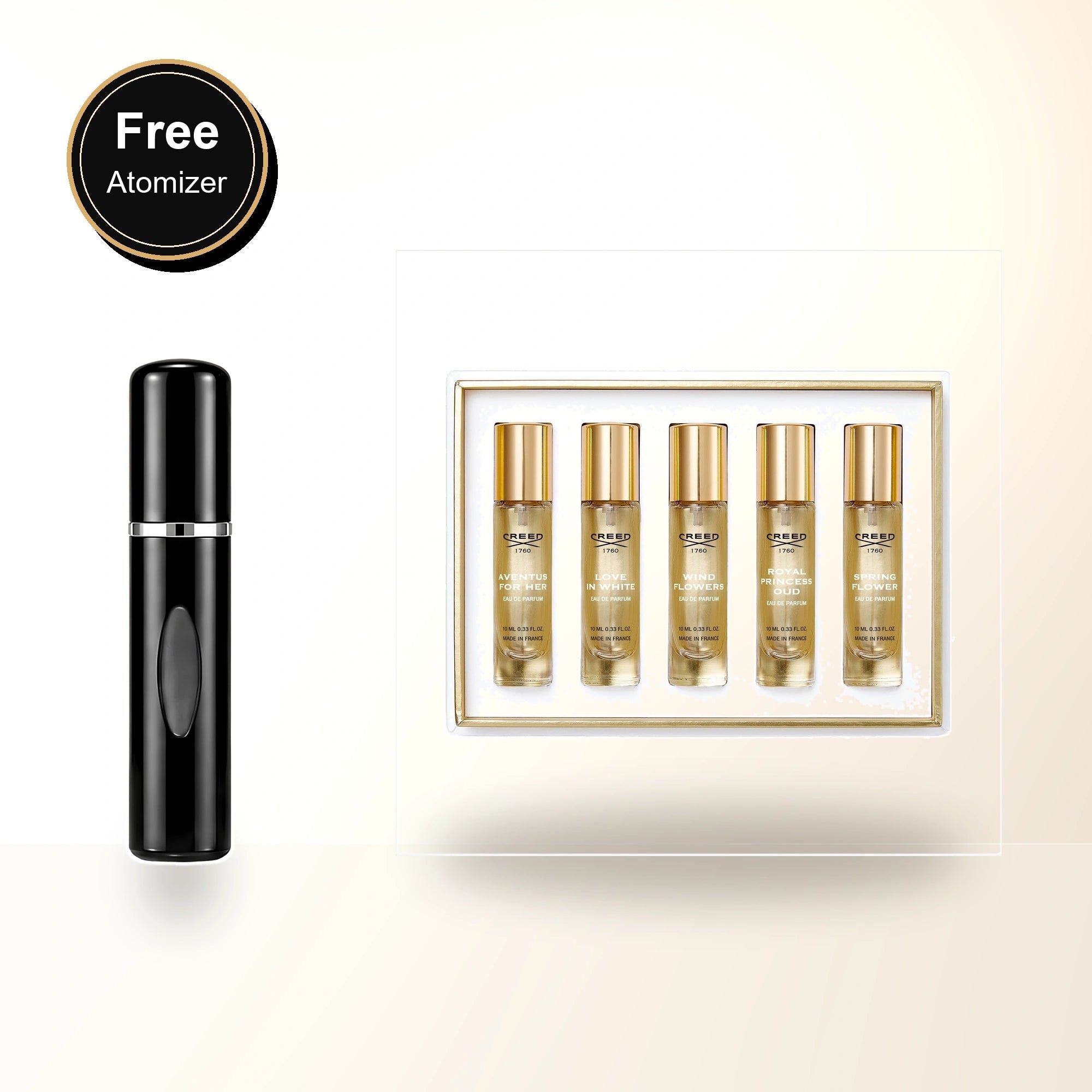 Creed 5 * 0.33 Eau De Parfum Spray Set For Women: Aventus For Her + Love In White + Wind Flowers + Royal Princess Oud + Spring Flower with free atomizer bonus image